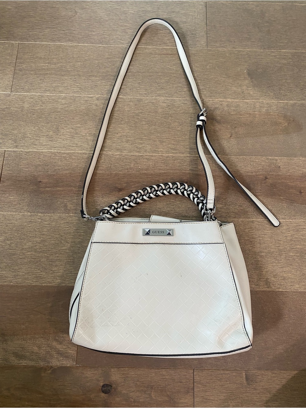 GUESS Cream Quilted Top-Handle Shoulder Bag with Chain Detail